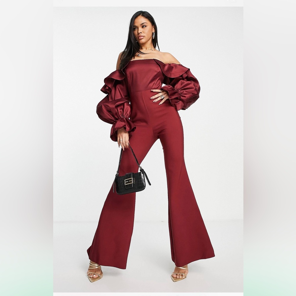 Off-Shoulder Ruffle Sleeve Jumpsuit in Burgundy